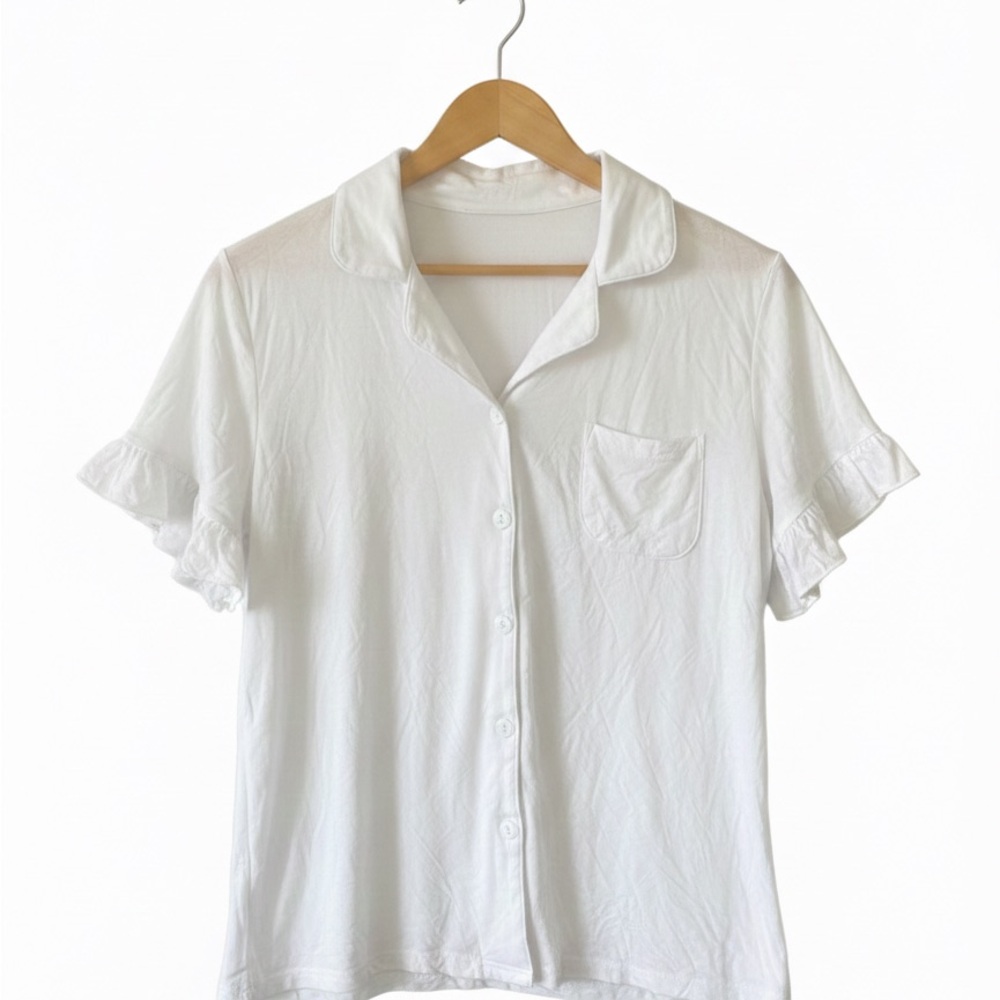 Women's Pajamas White Button-Up Top and Shorts Ruffle